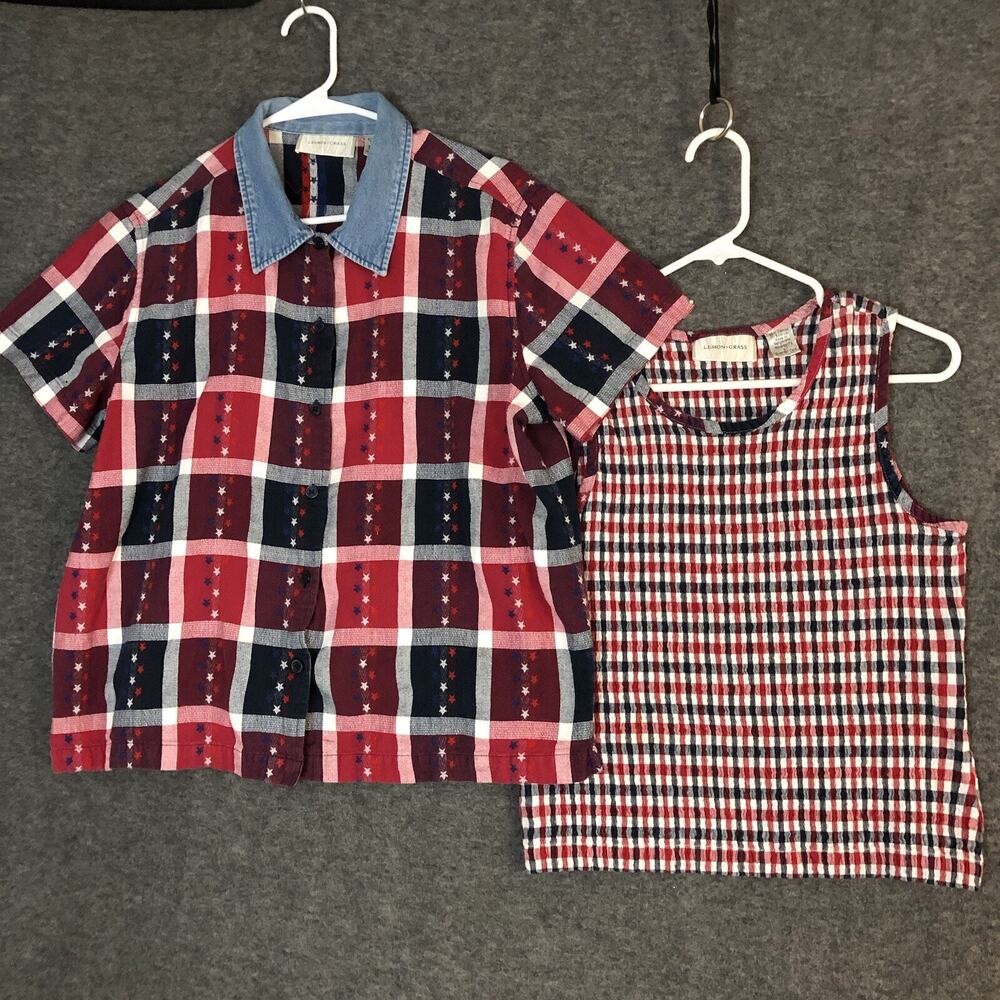 Lemon Grass 2Pcs Large Shirt w/Tank Plaid Short Sleeve Patriotic Patriot USA